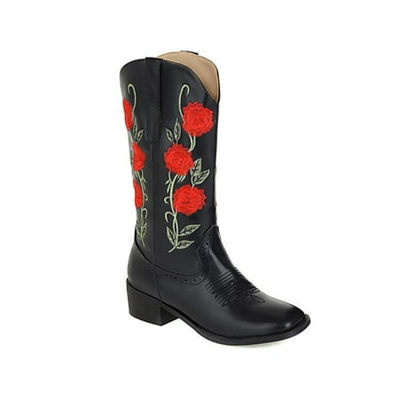 

Ferndule Ladies Pull On Western Cowgirl Boots Work Fashion Wide-Calf Mid Calf Boot Comfort Block Chunky Heel Embroidered Shoes Black Red 6.5