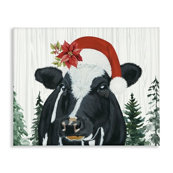 Stupell Industries Christmas Hat Cow Portrait Animals Painting Wrapped Canvas Canvas Art Print Wall Art, 20 x 16