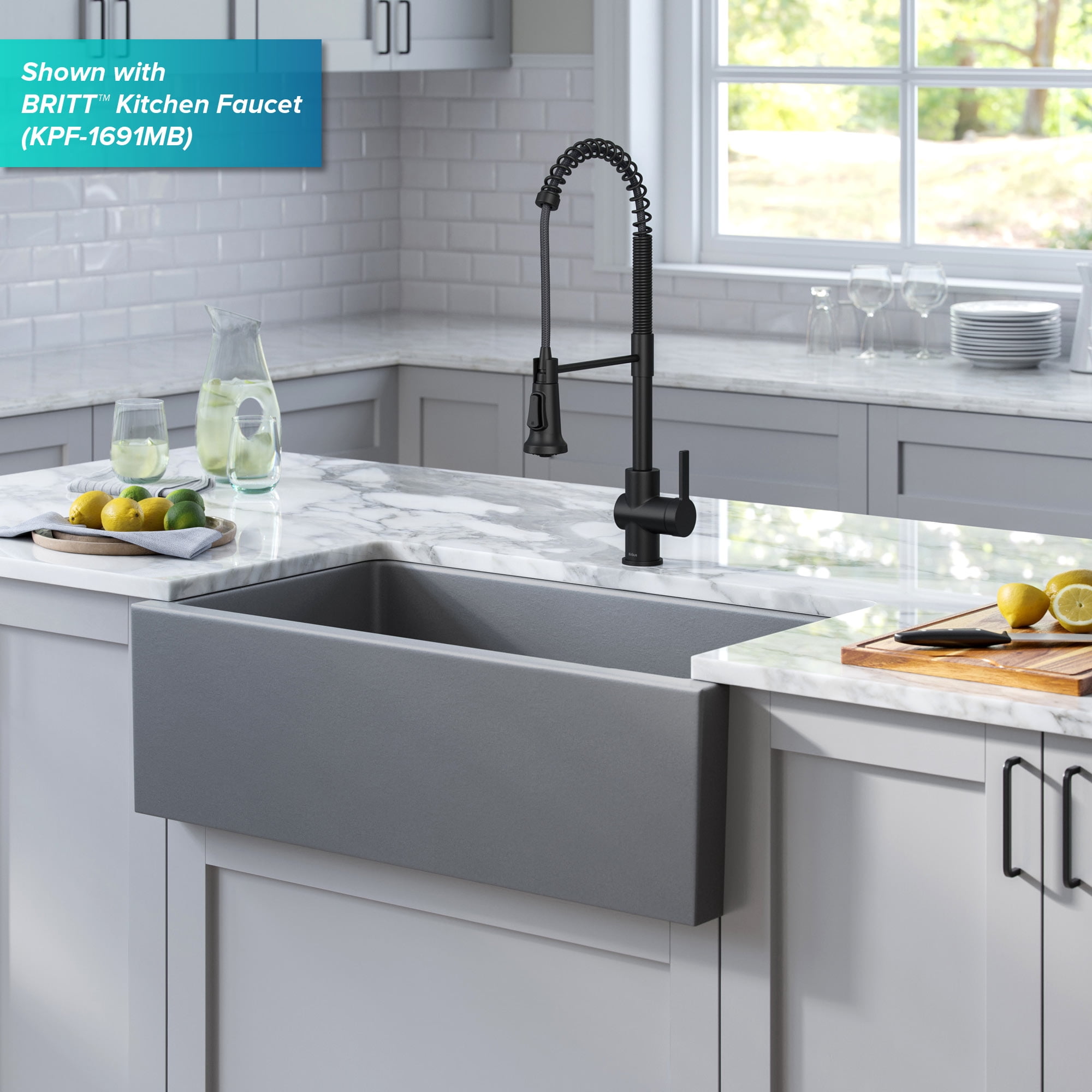Kraus Turino 33 inch Farmhouse Reversible Apron Front Fireclay Single Bowl Kitchen Sink in Matte Grey