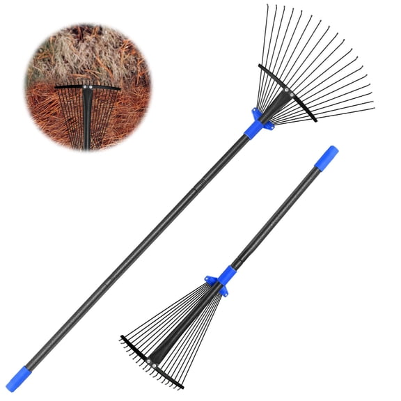 Garden Leaf Rake, head extends from 9.5''-17'', collapsible lawn rake with 53-inch adjustable splice handle, heavy-duty metal rake for lawns, flower beds