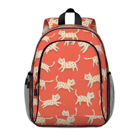 White Cat and Heart Red Pattern Backpack for School, Cute School Bag with Adjustable Shoulder Straps and Padded Back, 15"x11.42"x5.5"