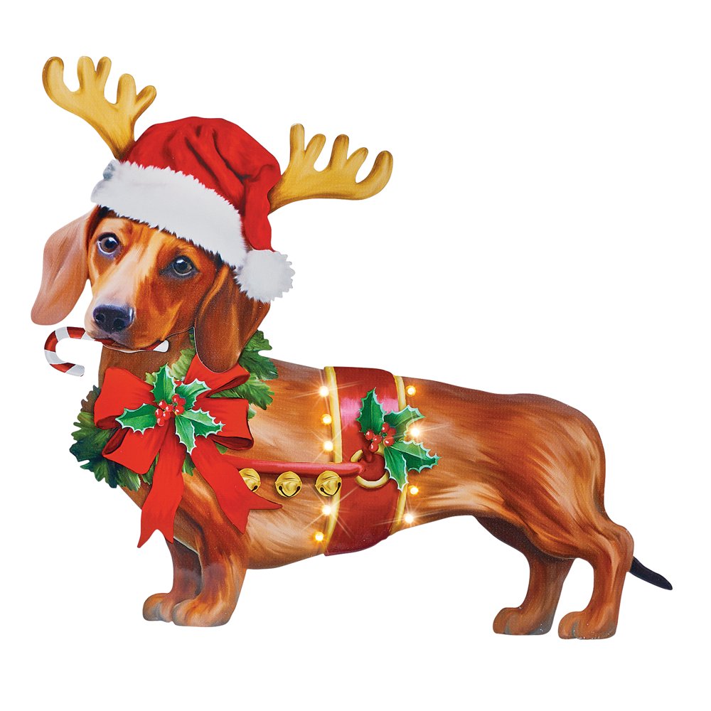 Santa Reindeer Dachshund Holiday Metal Lawn Stake | Solar Powered | For