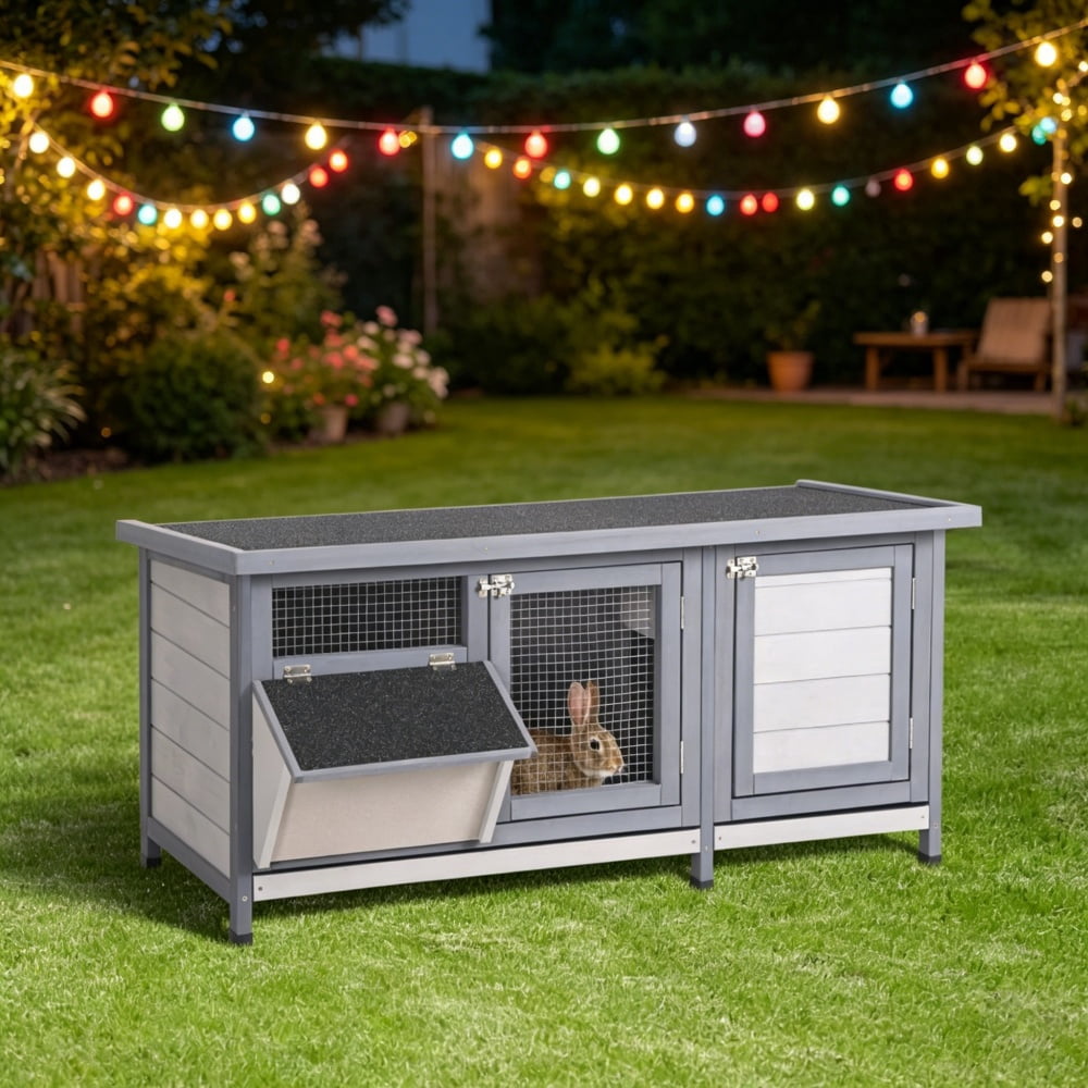 2-Tier Fir Wood Rabbit Hutch, Weatherproof Asphalt Roof Small Animal Cage with Pull Out Trays, Predator Resistant Steel Wire Bunny House for Rabbits Guinea Pigs Backyard Garden Use