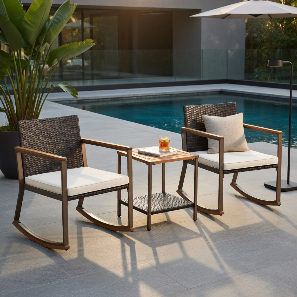 Hommoo 3-Piece Outdoor Rattan Rocking Bistro Set, 2 Rocking Chairs + Coffee Table with Cushions, PE Rattan & Acacia Wood, Weather-Resistant Patio Furniture, White