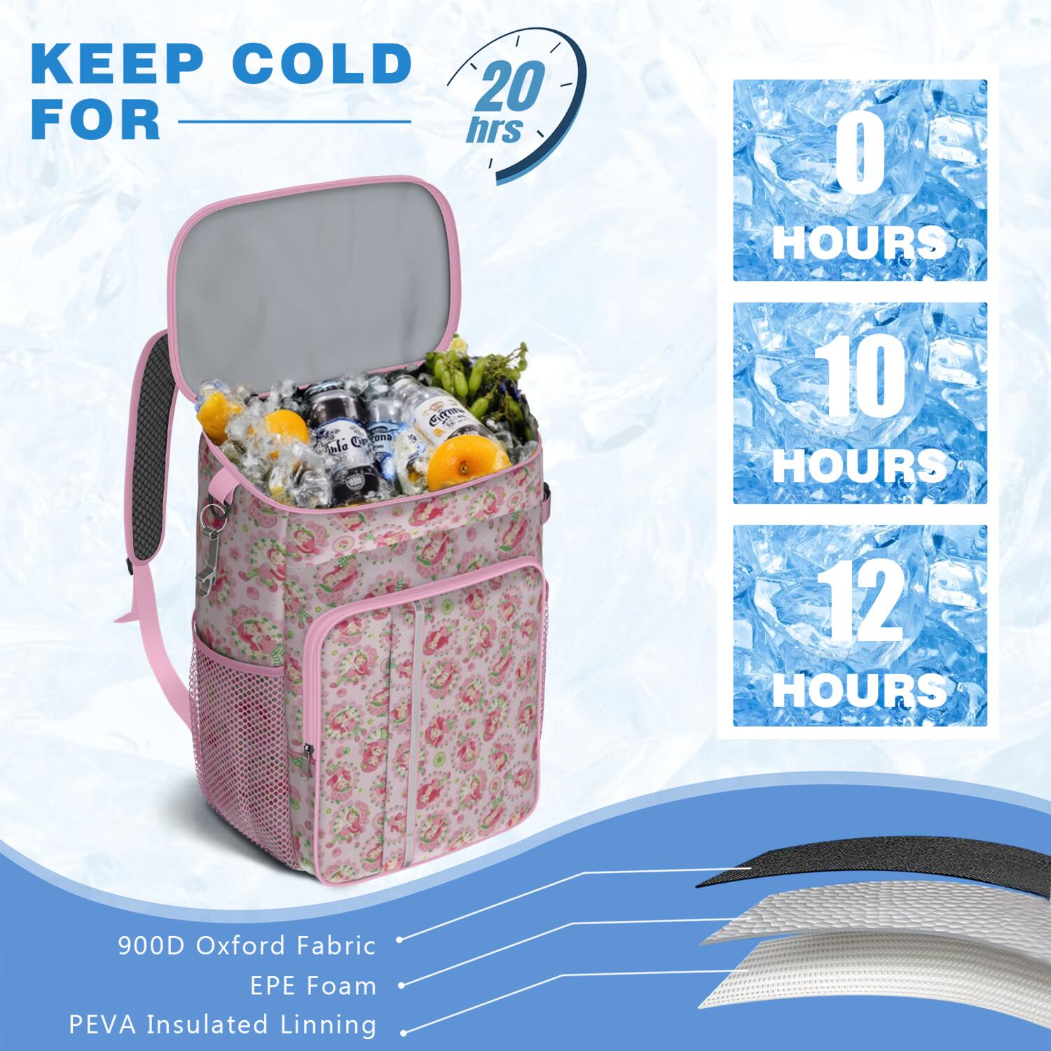 Travel Cooler Bag - Strawberry Princess Pattern Camping Beer Cooler Backpack with Bottle Opener- Waterproof Insulated Picnic Backpacks - Cooler Bag for Beach