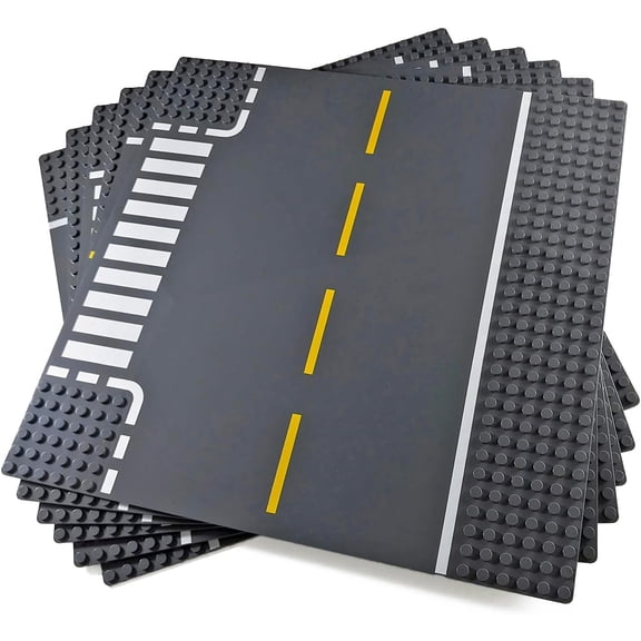 Road Baseplate – Premium Building Blocks Base Plates Compatible with All Major Brands – 6pcs Baseplate Gray with Road Design – Straight, Curve, Crossroad, T-Junction Gray Base Plates