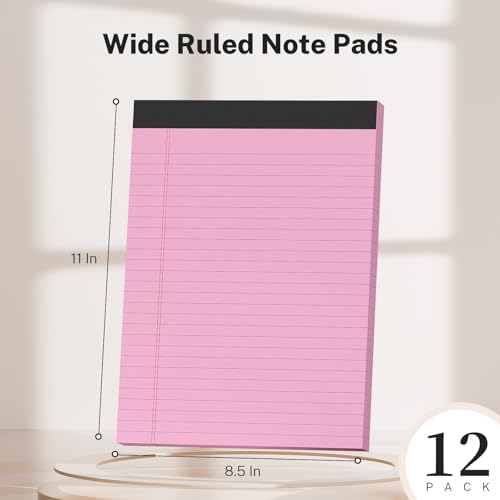 Pink Legal Pads 8.5 x 11 Notepads Wide Ruled, 12 Pack Pink Note Pads 8.5 x 11 Pink Paper, Legal Size Paper, 30 Sheet/Notepad, Lined Paper with Sturdy White Back, Writing Pads for Study, Office, Home