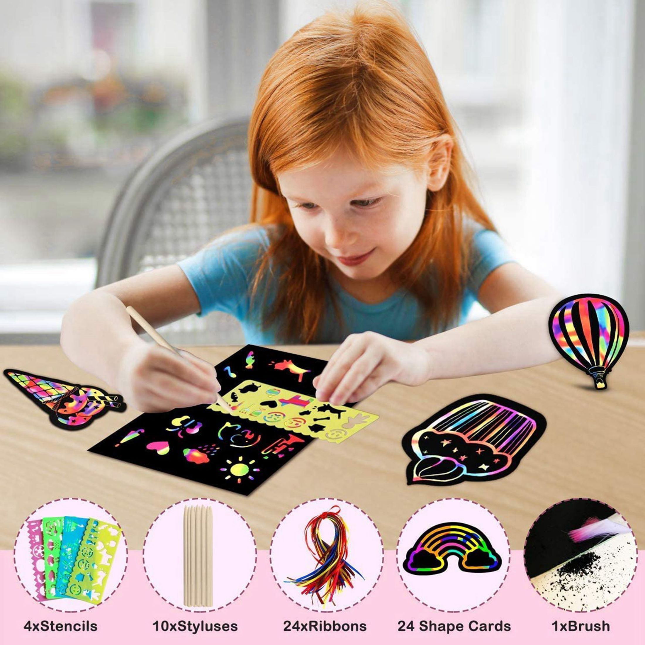 Lava Crafts Scratch Art Set for Kids - 50 Scratch Paper in 3 Great Styles -  Rainbow, Silver & Rainbow Holographic, 4 Unique Stencils for Kids, 6