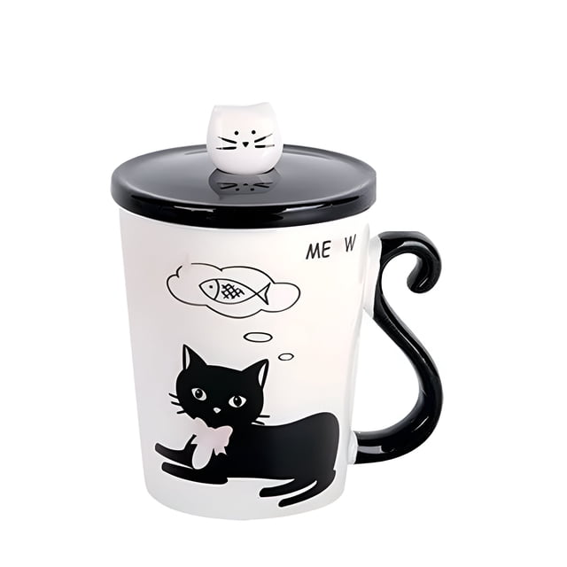 Taza De Cerámica De Café Té Con Cuchara Y Tapa Gatito Negro 300ml ModC