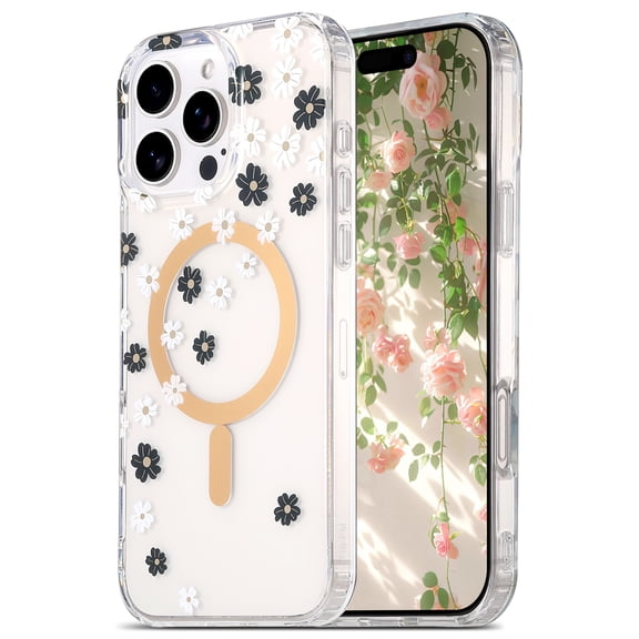 Floral Clear Case for Apple iPhone 16 Pro, Magnetic Back Cover Anti-Yellow Compatible with Magsafe Slim Stylish Phone Case for Women Girls