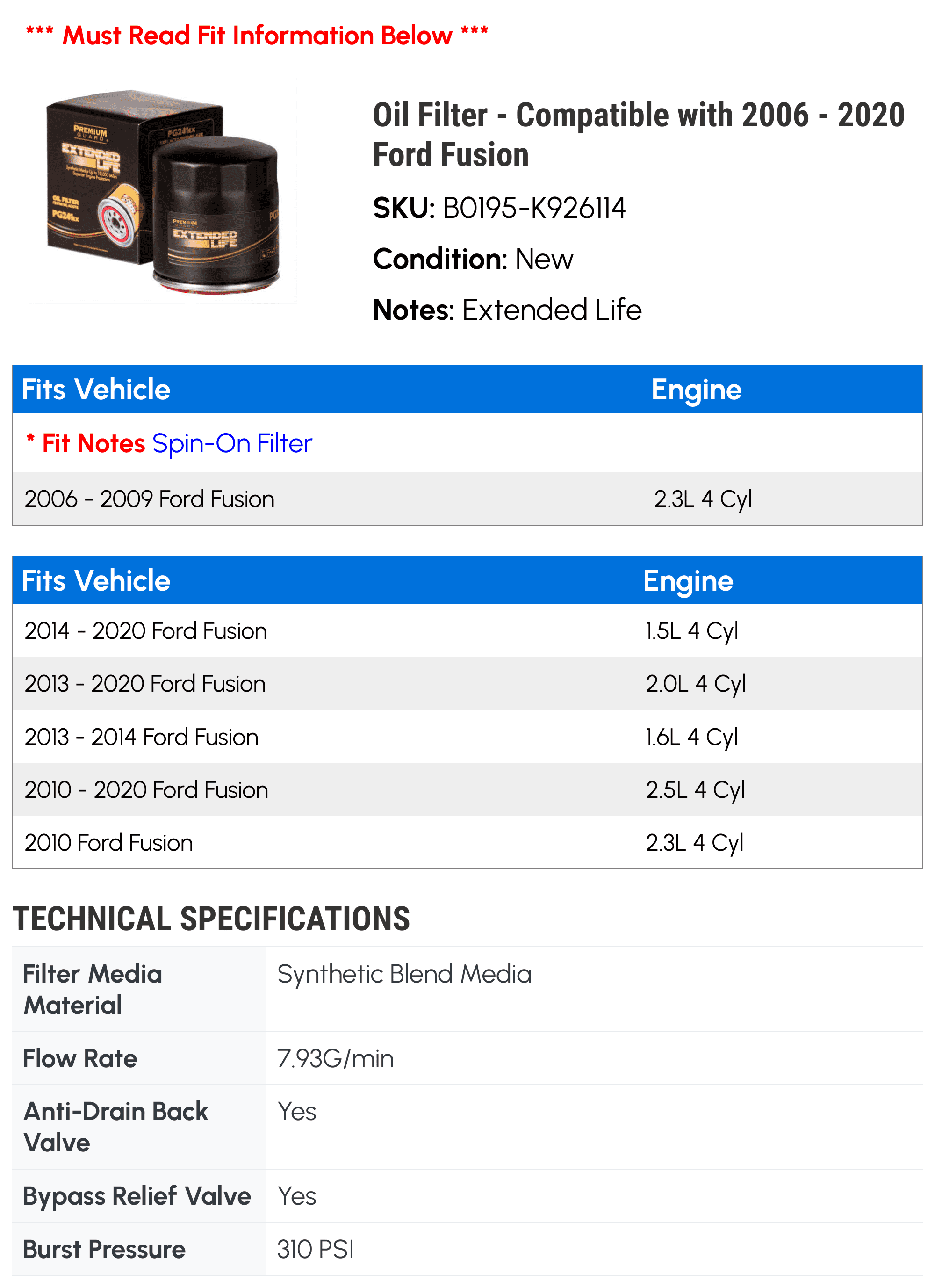 Oil Filter - Compatible with 2006 - 2020 Ford Fusion 2007 2008 2009 2010 2011 2012 2013 2014 2015 2016 2017 2018 2019