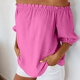 thumbnail image 2 of larppty Womens Off Shoulder Tops Linen Cotton Tunic Tops Long Sleeves Ruffle Balloon Sleeve Shirts Summer Casual Blouses（Hot Pink， XXL）, 2 of 8