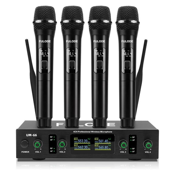 UHF Wireless Microphone Systems, 4 Channels Cordless Handheld Dynamic Karaoke Mic Set, Auto Connect 300ft Range Transmission for Singing, Karaoke, DJ Party, Church, Wedding, PA Speaker
