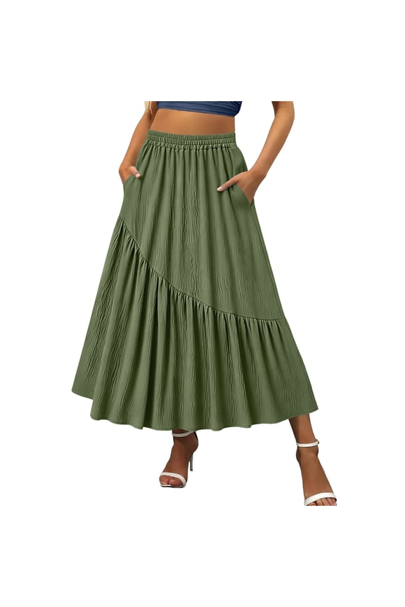 Womens Boho Midi Skirt High Waist Pleated A-Line Flowy Swing Asymmetric Tiered Long Skirts with Pockets