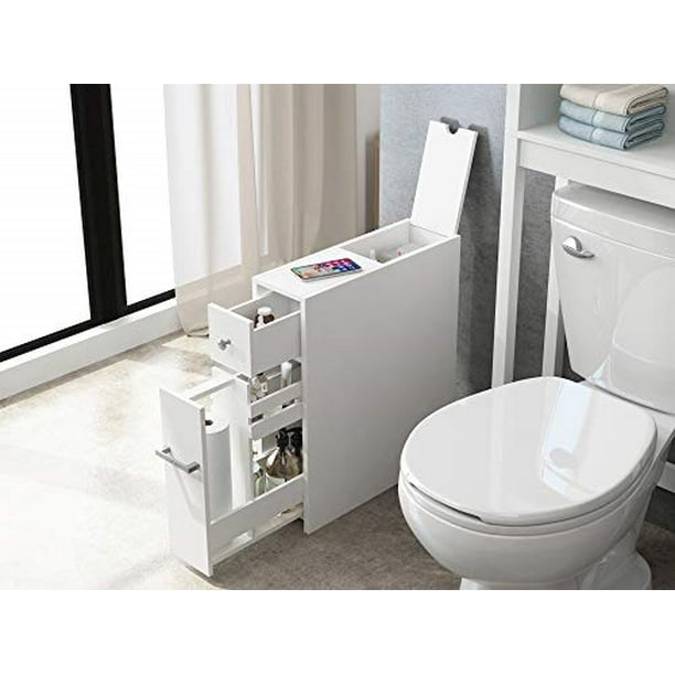 Spirich Home Slim Bathroom Storage Cabinet Free Standing Toilet Paper Holder Slide Out Drawer White Com - Bathroom Vanity Slide Out Storage
