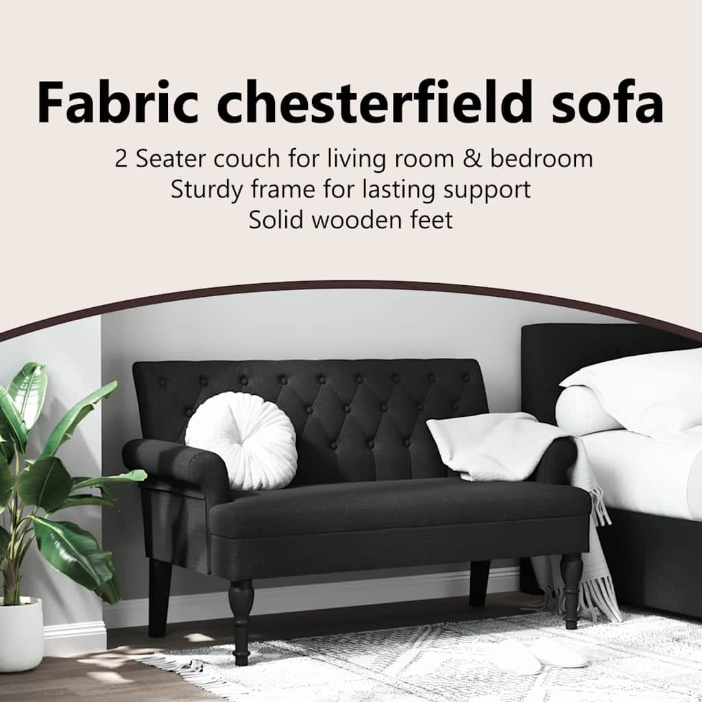 vidaXL 47” W Small Loveseat, Fabric Chesterfield Sofa, 2 Seater Couch for Living Room, Black