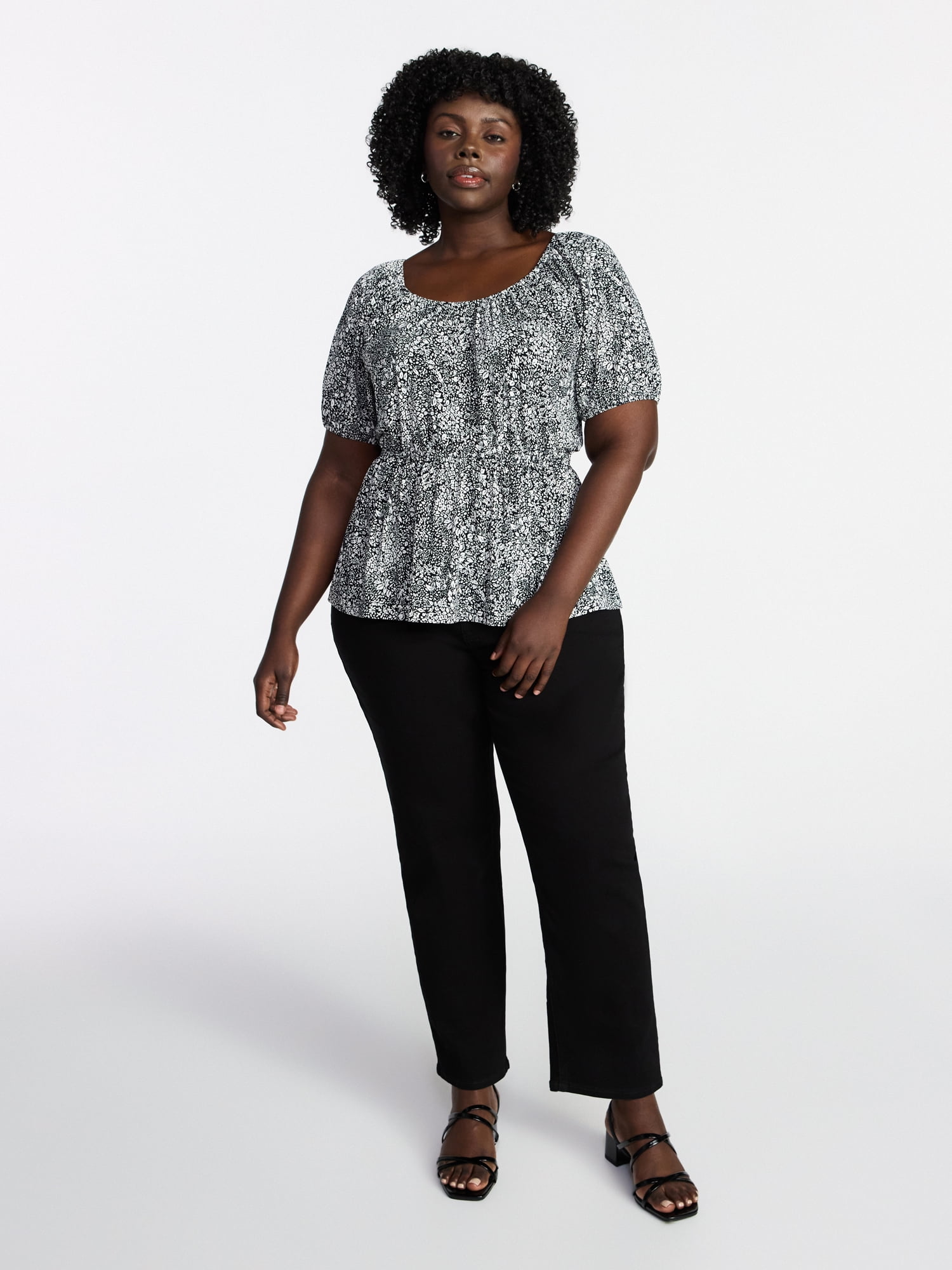 Terra & Sky Women's Peplum Top with Short Puff Sleeves, Sizes 0X-5X