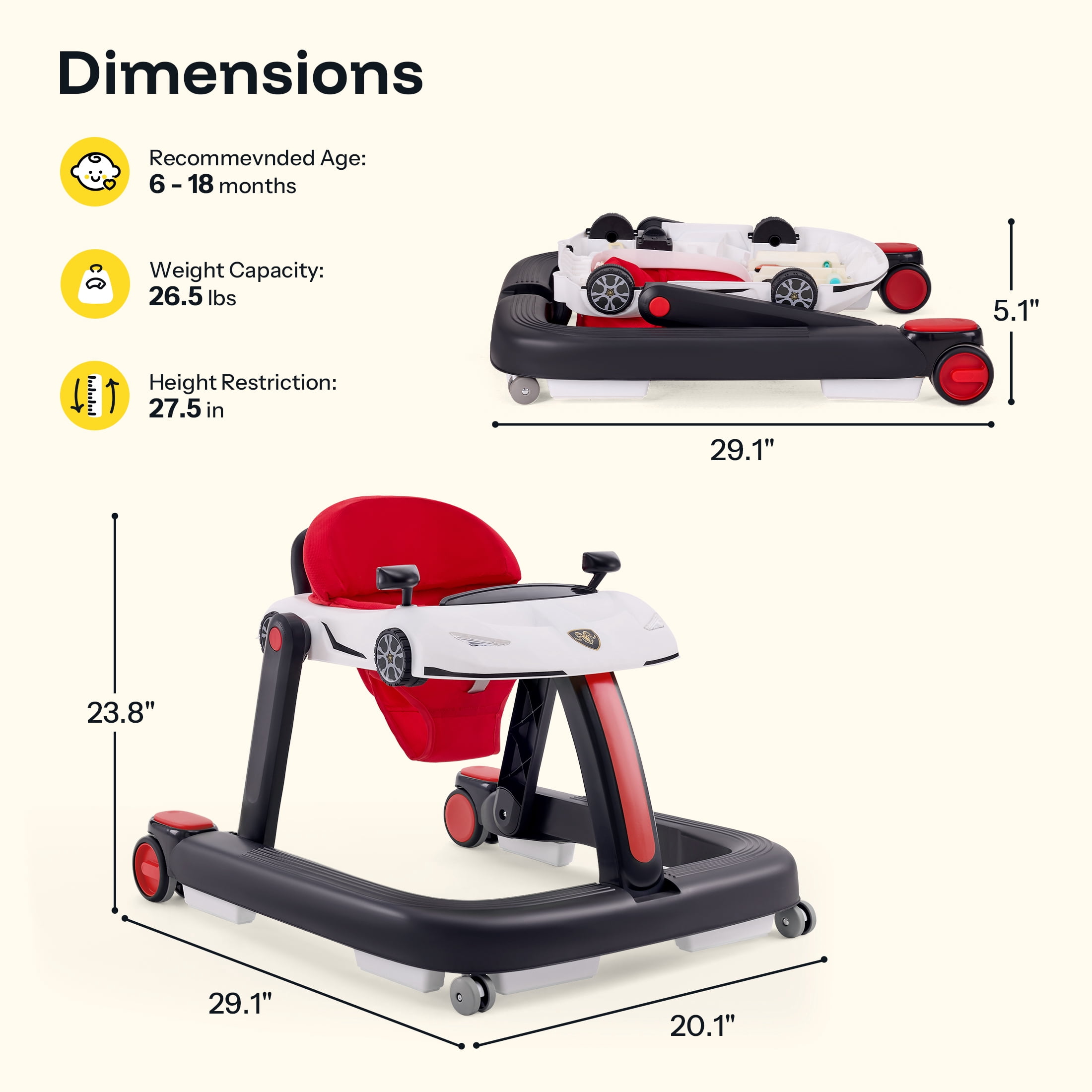 HARPPA Baby Walker for Babies 6-18 Months, Foldable Activity Push Walker, Red