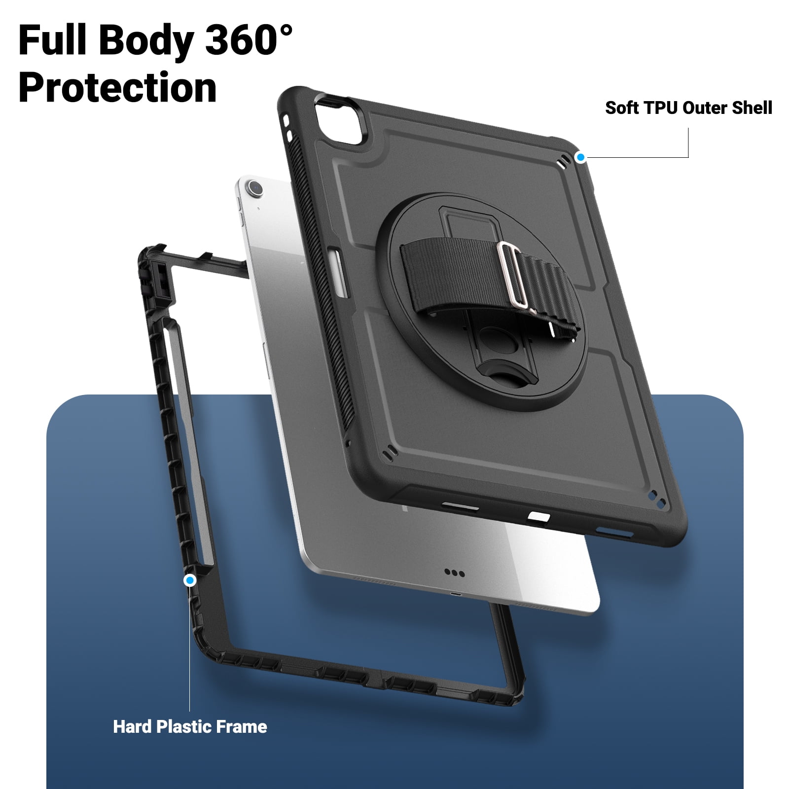 ELEHOLD Case for Apple iPad Air 13 (2024),Soft TPU Rugged Durable Case with 360° Rotating Hand Strap & Foldable Hidden Stand & Pencil Holder,Black
