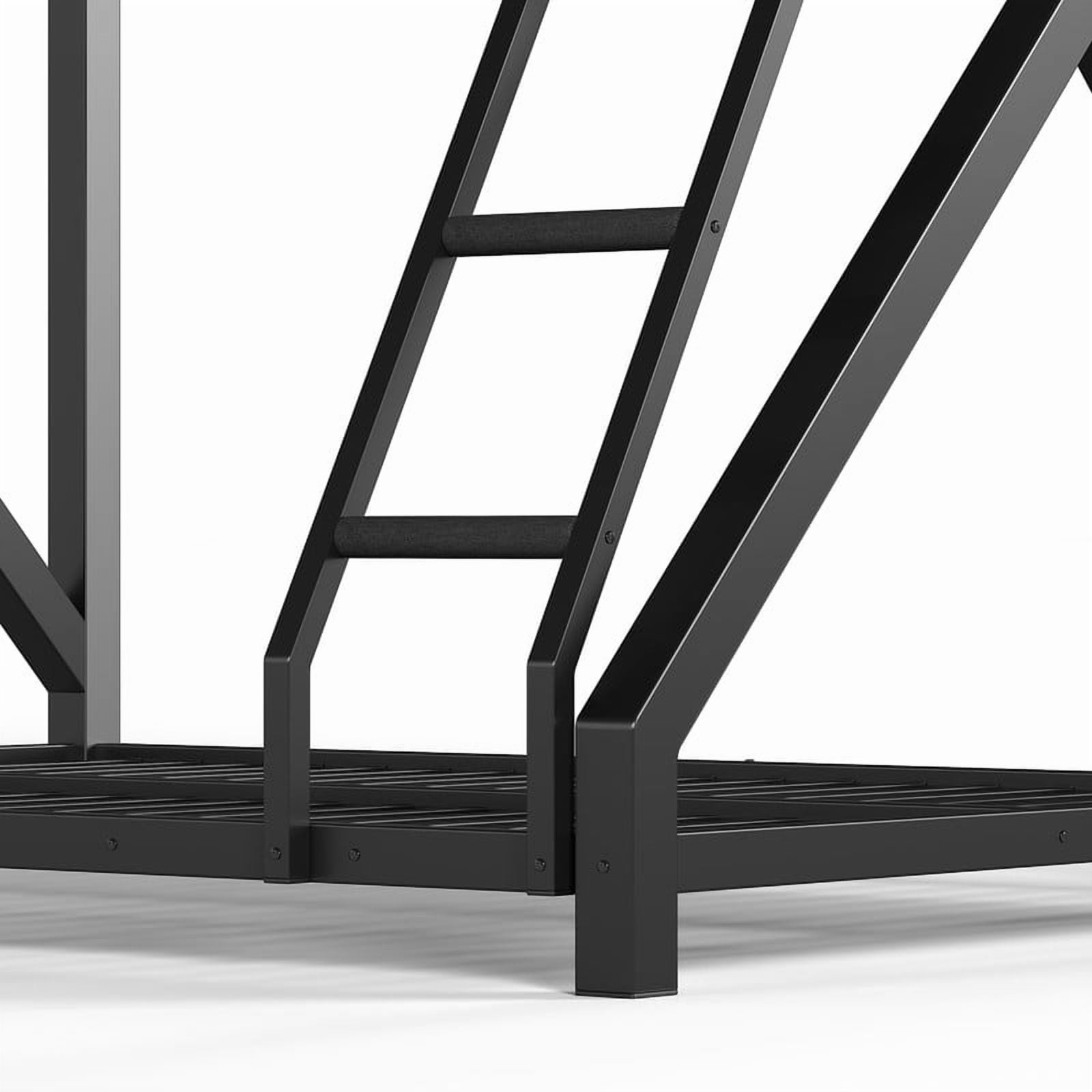 59''H Low Profile Twin-Over-Full Teens Bunk Bed with Built-In Ladder, Kids Black Metal Bed Frame with Guardrail