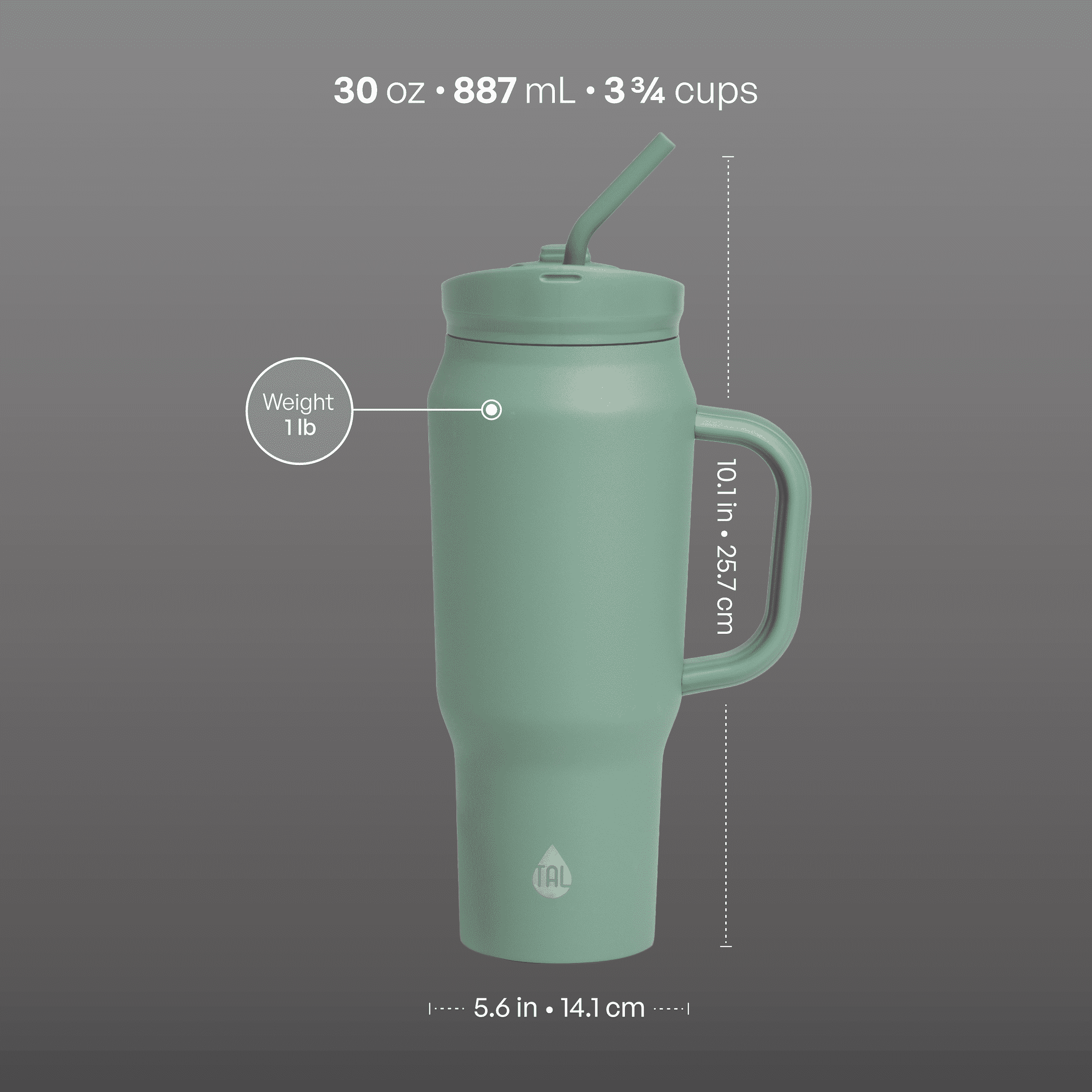 (4 pack) TAL 30oz Stainless Steel Basin Travel Mug with Silicone Straw, Sage