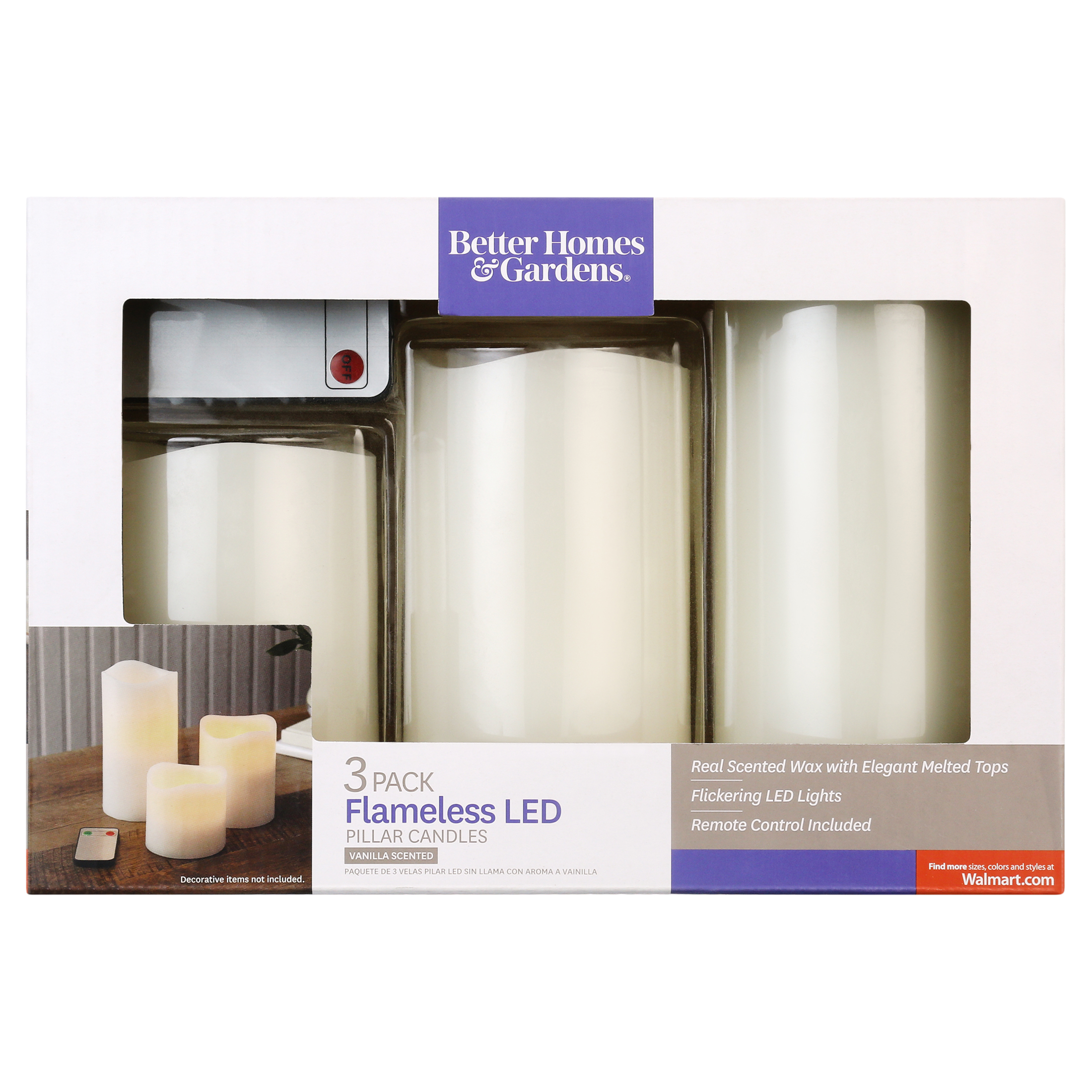 Better Homes & Gardens Flameless LED Pillar Candles 3-Pack Vanilla Scented - image 2 of 9