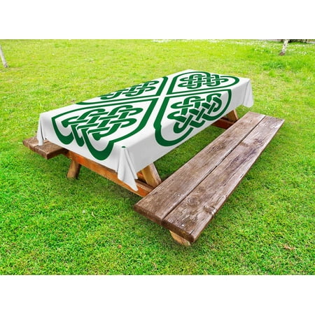

Celtic Outdoor Tablecloth Monochrome Four Leaf Clover Flower Shaped Authentic Timeless Celtic Form Gaelic Decorative Washable Fabric Picnic Tablecloth 58 X 104 Inches Green White by Ambesonne