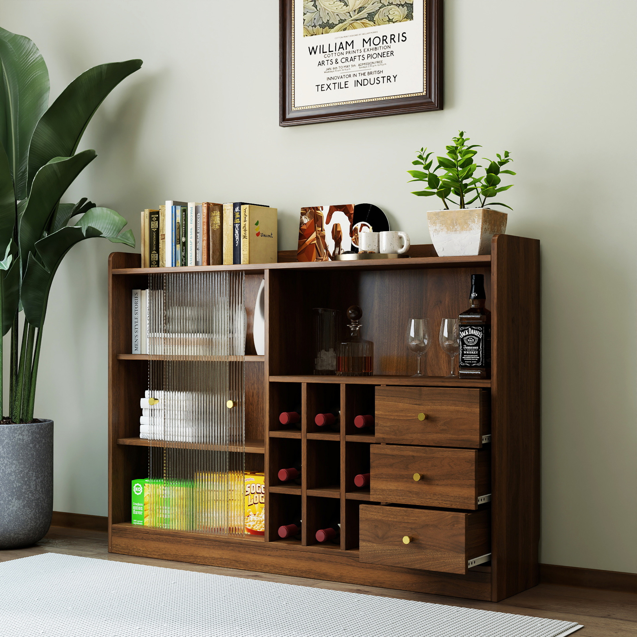 Noble House Sideboard Cabinet, Sliding Striped Glass Doors, Freestanding Countertop Storage & Wine Organizer, Walnut
