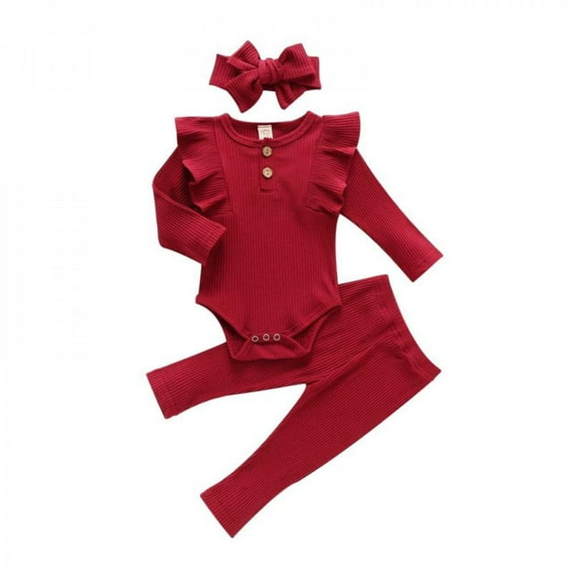 Newborn Infant Baby Girls Clothes Solid Long Ruffled Fly-sleeved Bodysuit+ Pants + HeadbToddler 3Pcs Outfits Clothing Set
