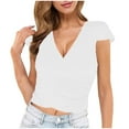 thumbnail image 2 of EHQJNJ Female Women Work Tops Deep V Neck Tops for Women Summer Casual Sexy Short Sleeve Slim Fitted Bodycon Wrap Crop Tops T Shirts Women's T-Shirts Graphic Tees Women's Workout Tops, 2 of 4