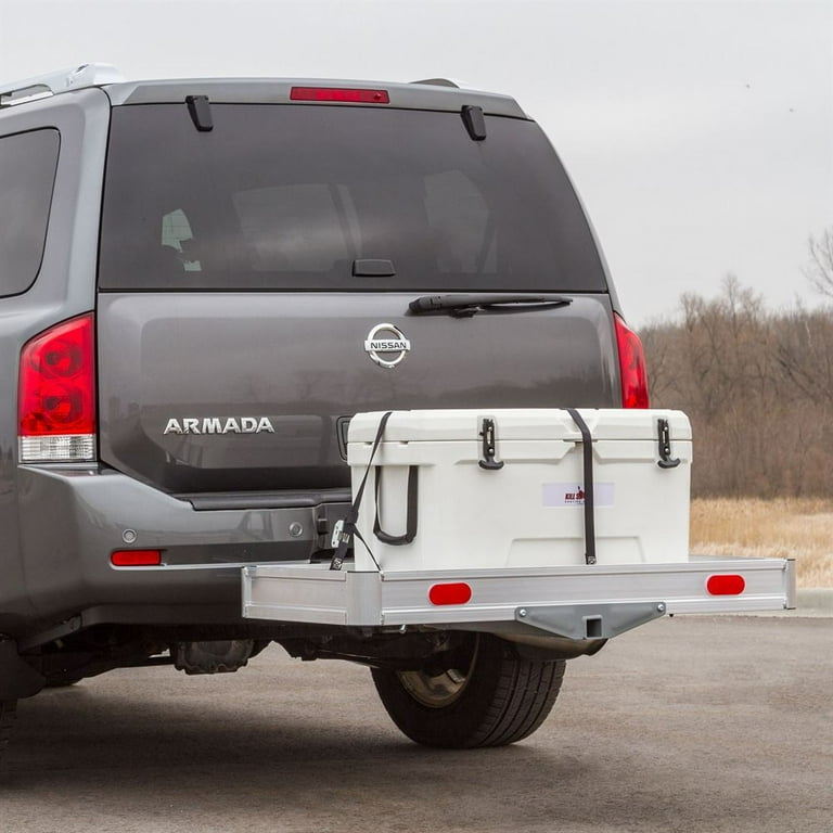 Elevate Outdoor Hitch Cargo Carrier Tray Aluminum 550 lb. Capacity Tray 49 1 8in L x 22 5 8in W x 4 3 4in H Unique Slatted Surface Compatible with