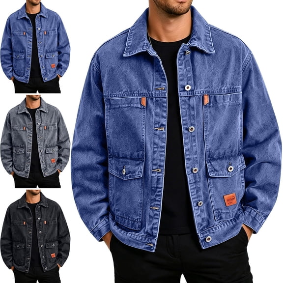 Afuyipoi Men's 100%Cotton Multi-Pocket Denim Jacket Casual Loose Fit Lapel Fall Winter Coat Size XXS-2XL Blue Size XS