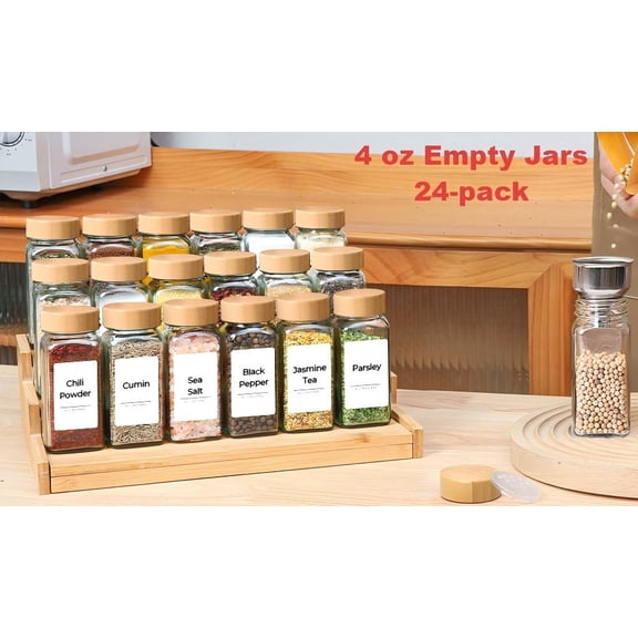 ComSaf 24-Pack Spice Jars 4 oz Empty Glass Seasoning Containers Bamboo Lids Square Bottles for Organization, Metal Funnel with 6 Extra Shaker Inserts and 93 Labels