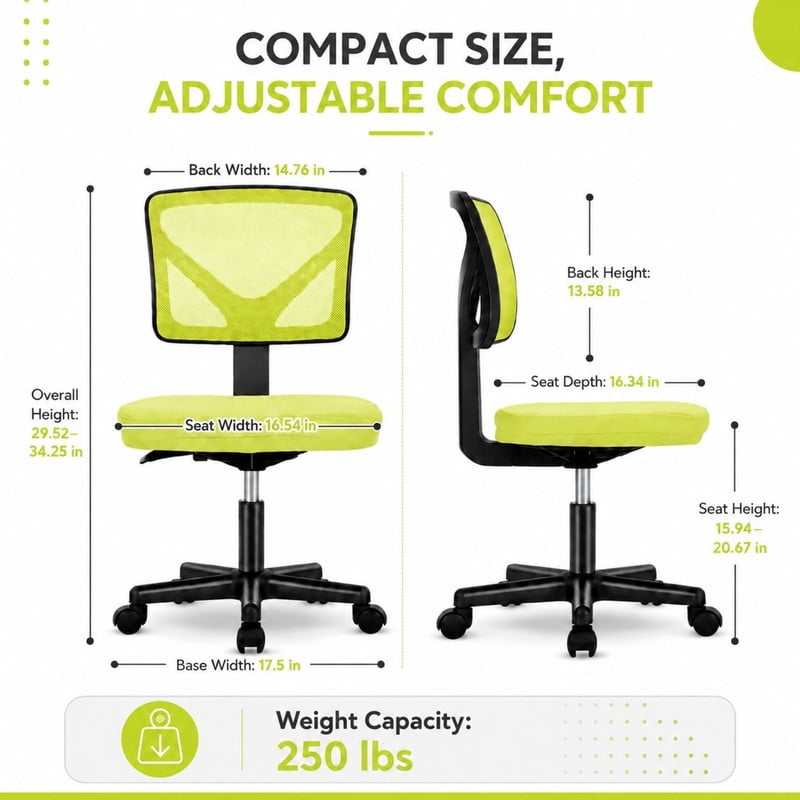 BEAUTYPEAK Desk Chair with Y-Shaped Lumbar Support Adjustable Armless Mesh Office Chair with Wheels for Home Office, Lime Green
