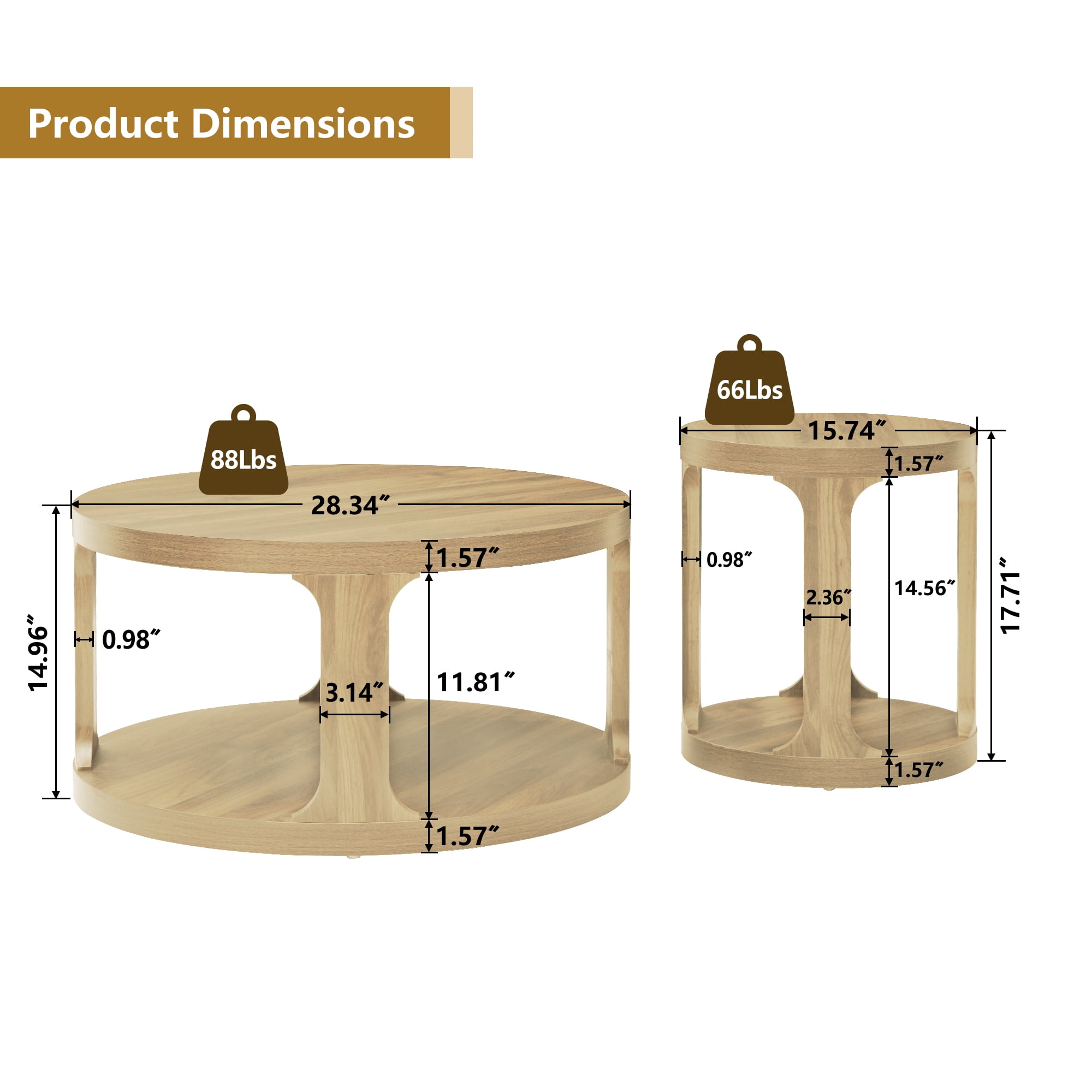 Weselon Wood  Nesting Coffee Table Set of 2, Natural Round Coffee Table with 2-Tier Storage Shelf, Rustic Center Table, Circle Coffee Table for Living room Bedroom, Small Table for Small Space