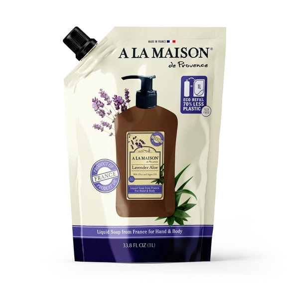 Recambio de jabón líquido para manos francés A LA MAISON, lavado de manos natural hecho con aceites esenciales, biodegradable a base de plantas, vegano, sin crueldad (bolsa de 33,8 onzas líquidas (1 p