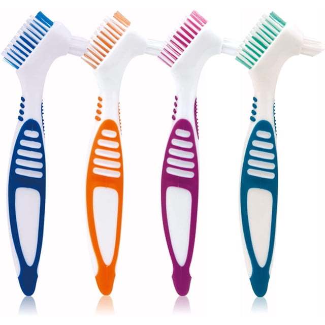 Denture Brush, 4 Pieces Small Toothbrush for Dentures, Multi-Layered Bristles Ergonomic Rubber Handle for False Teeth Cleaning