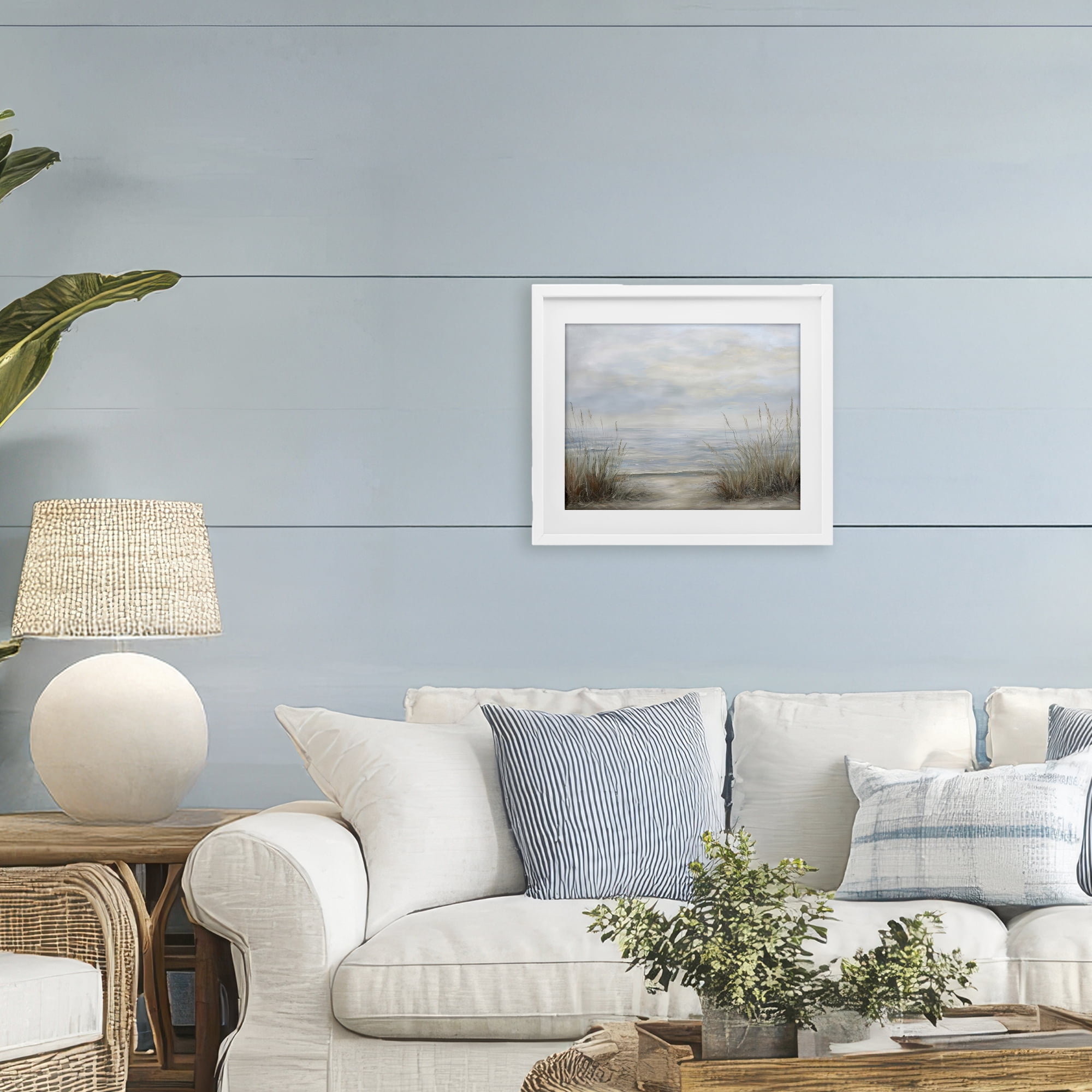 Stupell Industries Silent Beach with Seaside Dunes White Framed Print Under Glass, design by Petal Prints Design