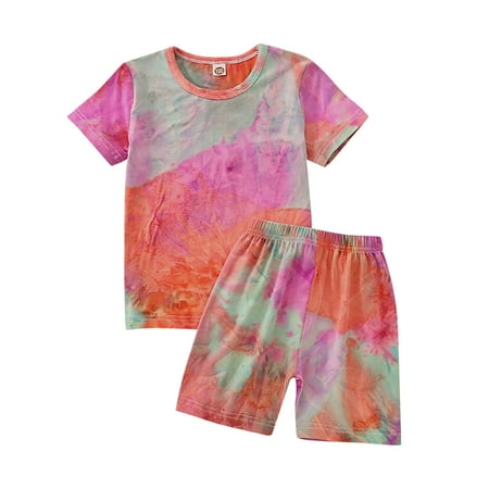 

Toddler Kids Baby Boy Summer Black White Tie Dye Print Short Sleeve T-Shirt Tops Elastic Waistband Shorts Clothes Set Spring Clothing Party Outdoor Beach Outfit Set 1-7Years
