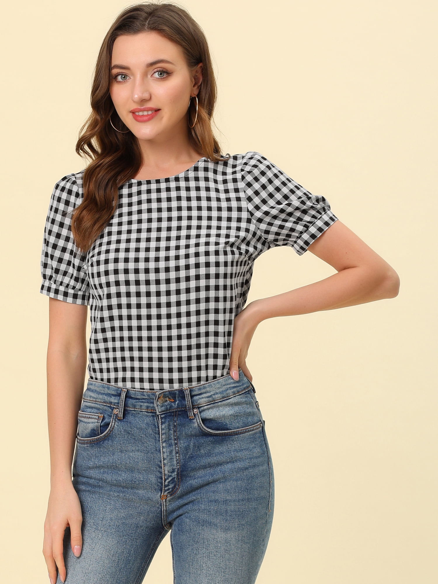 DARING DIVA Women's Gingham Crew Neck Puff Short Sleeve Blouses 2XL Black