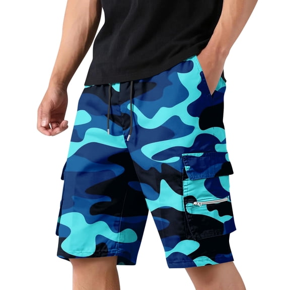 Nestiefly Camo Cargo Shorts for Men Twill Knee Length Elastic Waist Athletic Shorts with Pockets Summer Casual Outdoor Hiking Short Blue 2XL