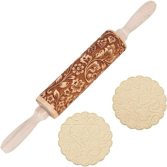 Embossed Wooden Rolling Pin Darker 3D Flower Rattan 35cm Rolling Pin for Thanksgiving Baking Biscuits DIY Kitchen Tool Baking Accessories Homemade Bakery Pastry Cookie Fondant Dough Pizza diy Camel