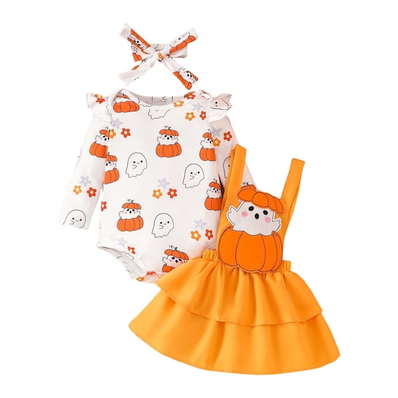 kamemir Baby Girl Thanksgiving Christmas Outfit Ruffle Romper Suspender Skirt Set Overall Dress Clothes(Orange,0-3 Months)