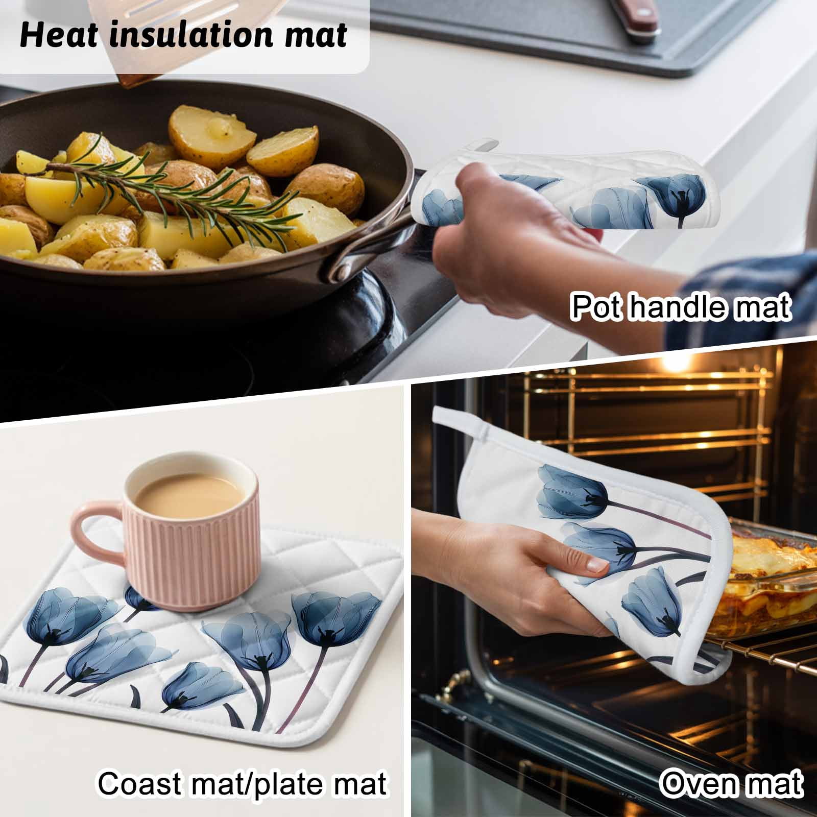 Blue Tulip Pot Holders for Kitchen Heatproof Potholder, 5 Pack Spring Pastoral Flower Watercolor White Hot Pads Multipurpose Oven Pads Cloth Potholders Trivet for Cooking Baking