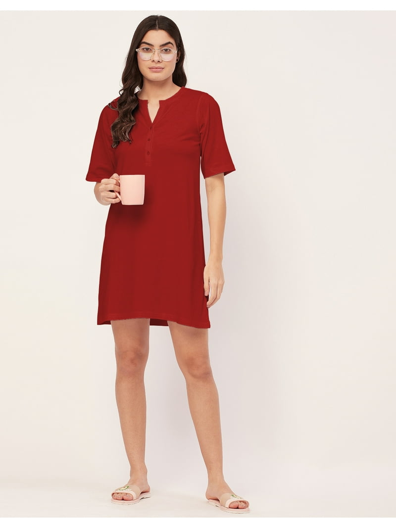 Moomaya Sleepwear, Solid Night Dress For Women, Jersey Sleep Shirt Lounge Dress, Women's, Size: XS, Red