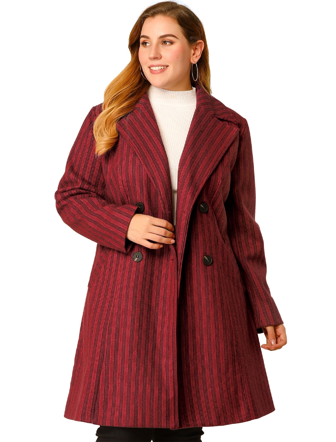 Women's Plus Size Notched Lapel Double Breasted Striped Winter Long