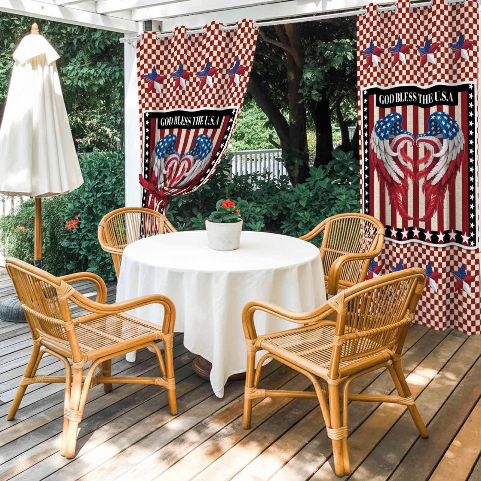 Independence Day Outdoor Curtains for Patio, Red Blue USA Flag Wings Stripe Stars Plaid Sunshade Privacy Drapes Grommet Waterproof Outside Curtains for Porch/Cabana/Balcony 54"x 108", 1 Panel