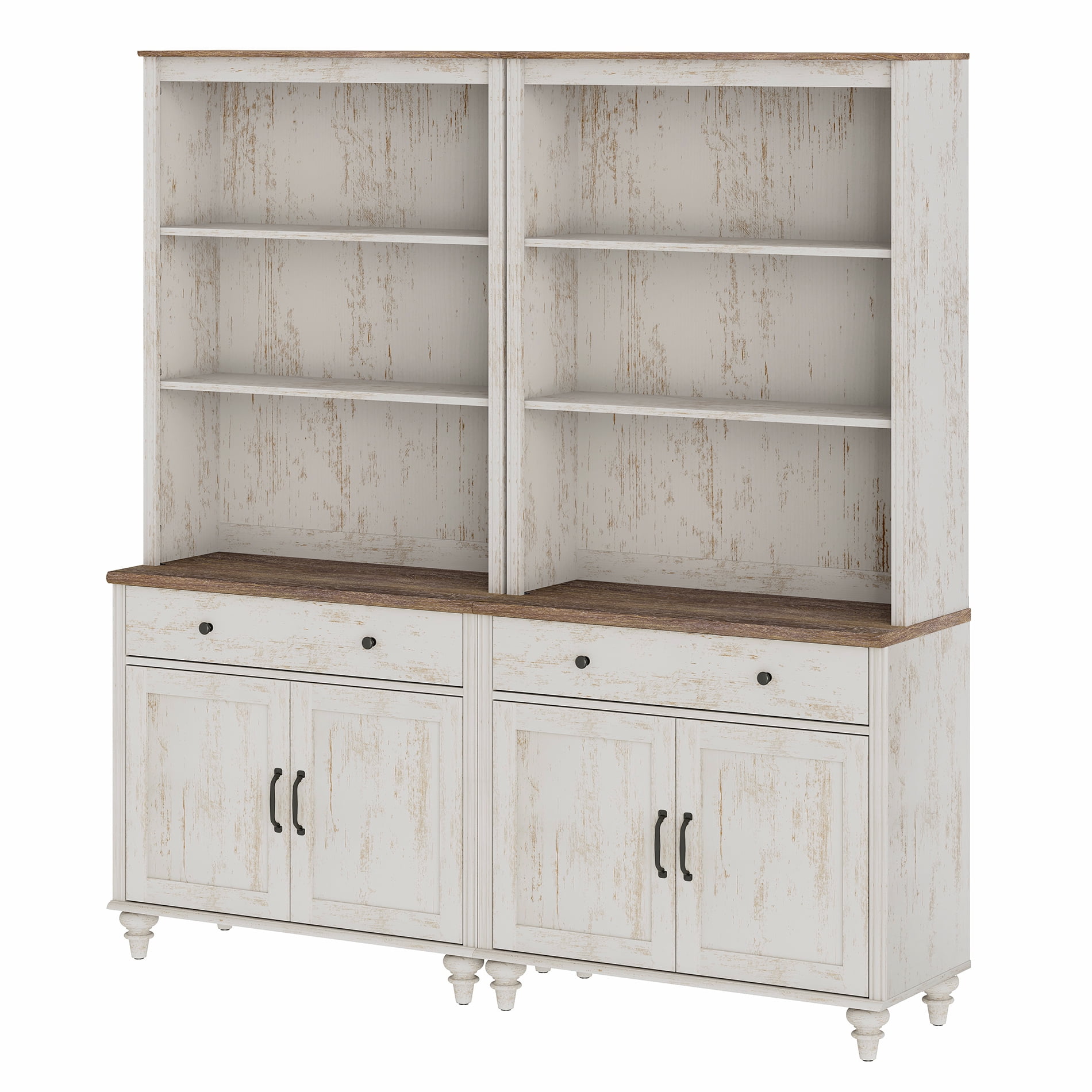 Farmhouse 5 Tier Bookcase With 2 Drawers and 4 Doors, Rustic White, 67.7" W