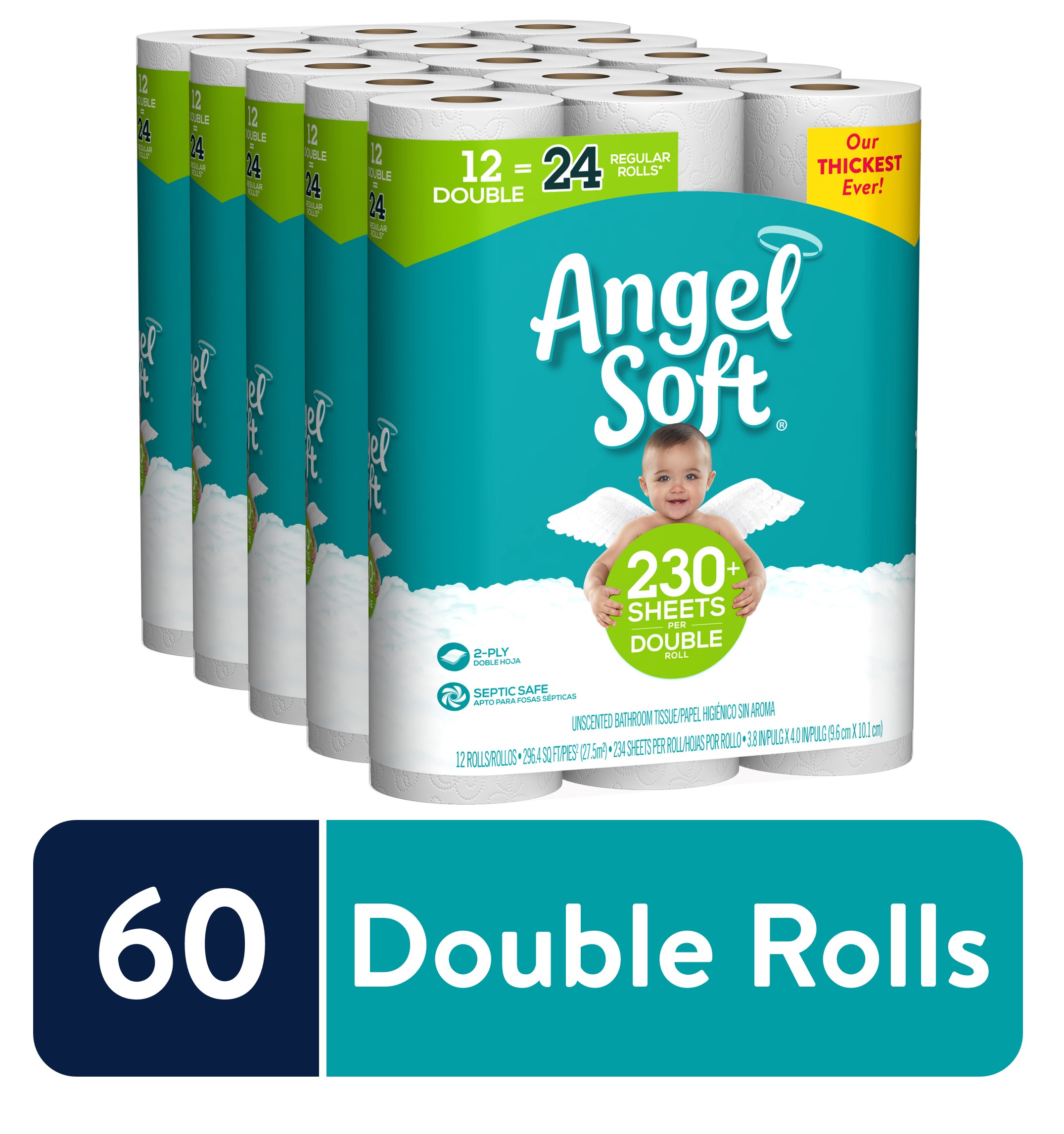 5 PACK Angel Soft Toilet Paper 60 Double Rolls Bath Tissue 120 Regular Rolls 
