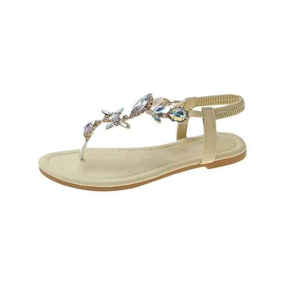 Anuirheih Fashion Rhinestone Detail Flat Thong Sandals Sandals Women (Beige)